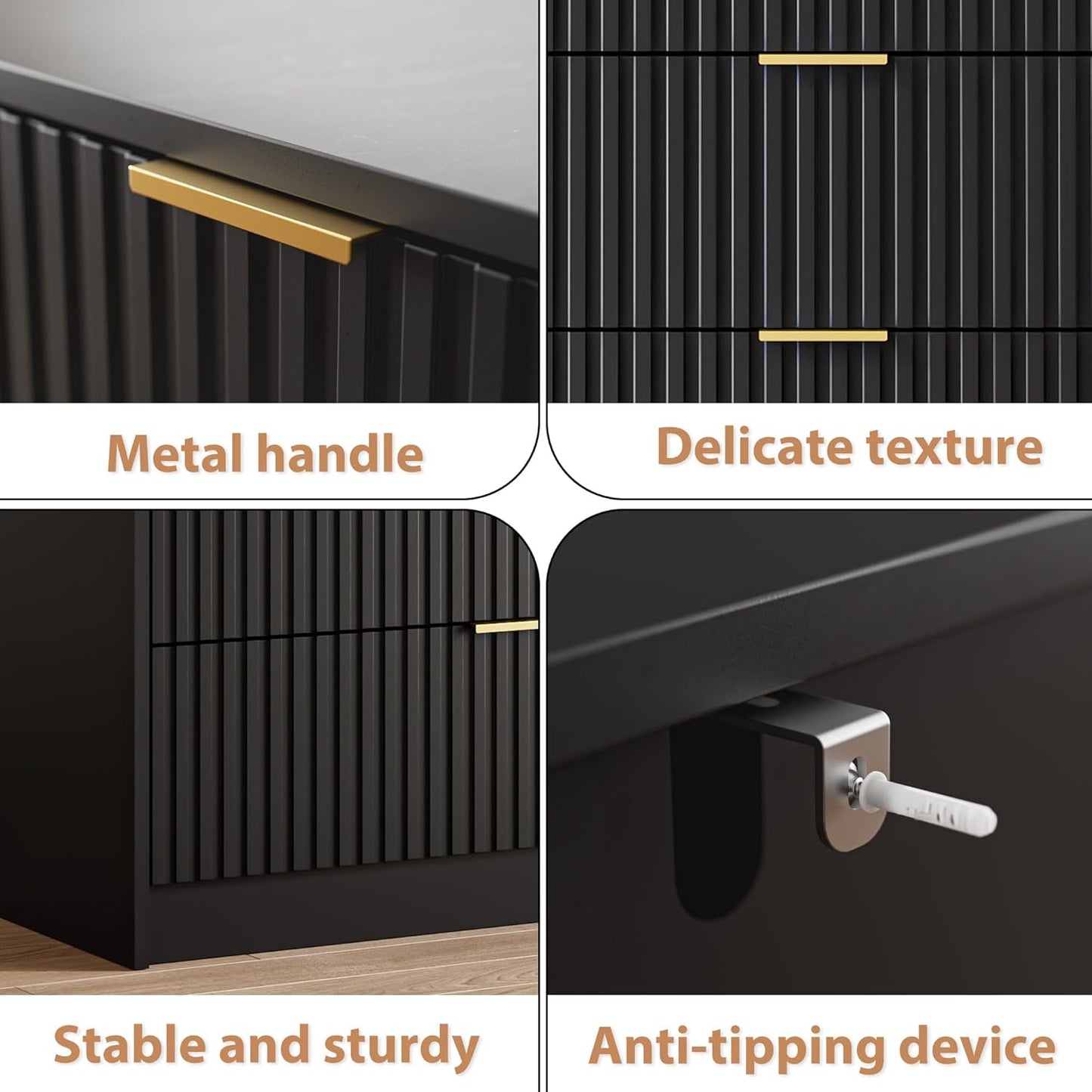 Black 7 Drawer Dresser for Bedroom, Modern Fluted Dresser with Gold Metal Handles, Wide Chest of Drawers for Bedroom, Living Room, Entryway, Hallway, 55.9" L x 15.7" D x 31.4" H