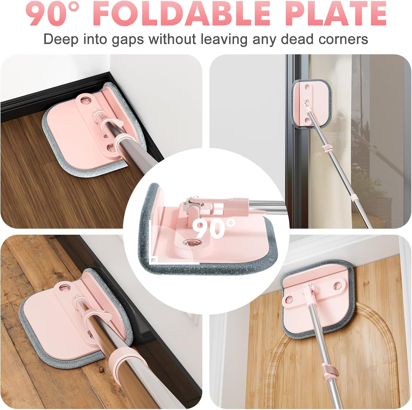 Upgraded Spin Mop and Bucket Set Self-Standing Mop Bucket Separate Dirty and Clean Water System Self Wringing 360° Rotating 90° Foldabl Mops and Buckets for Floor Cleaning (Pink, 6Pads)