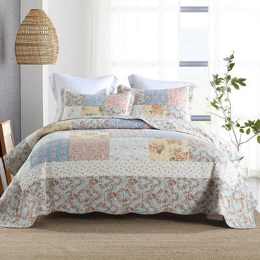 Cotton Bedspread Quilt Bedding Sets 3 Pieces Reversible Coverlet Sets Comforters Green Rose Floral Patchwork Bedspread, Queen Size
