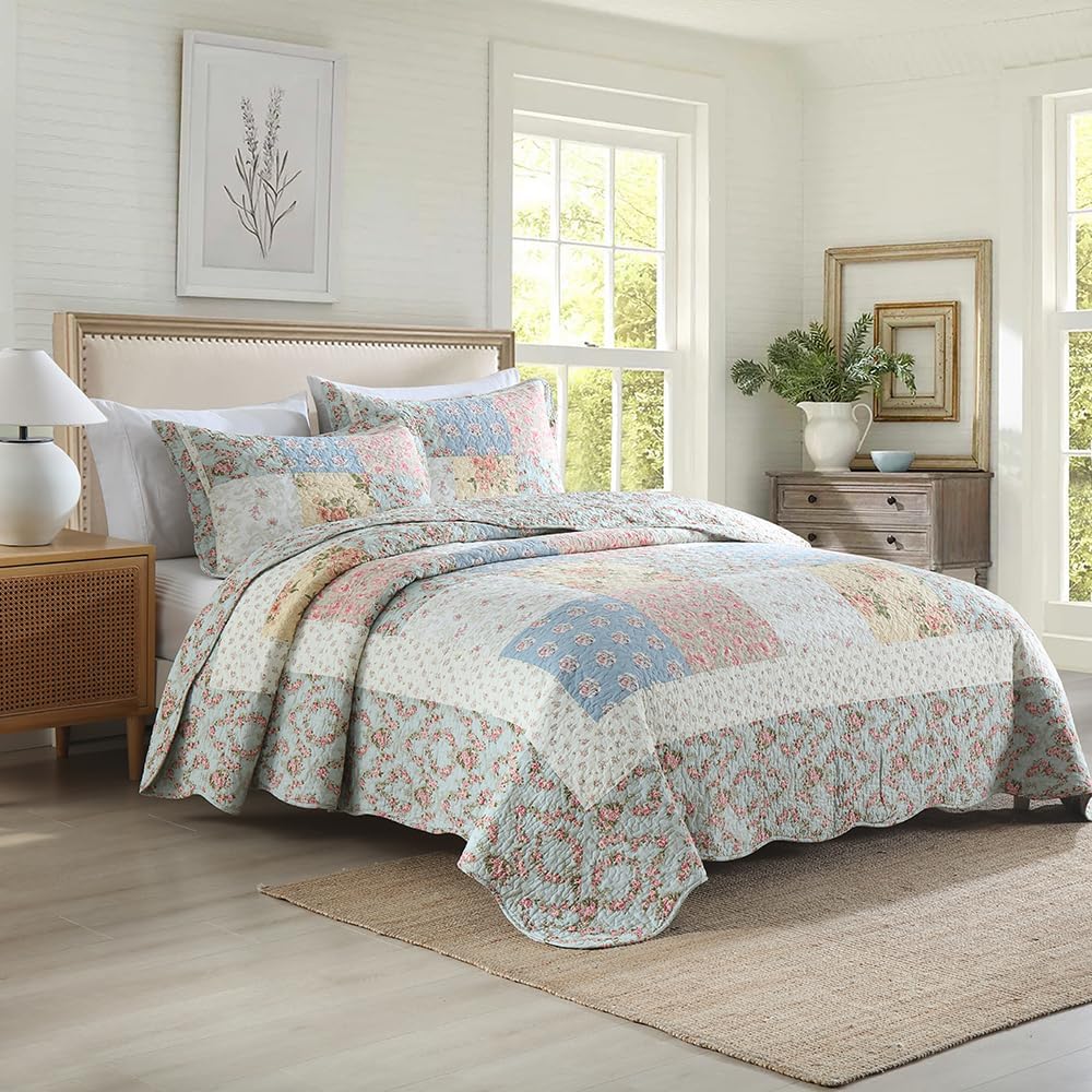 Cotton Bedspread Quilt Bedding Sets 3 Pieces Reversible Coverlet Sets Comforters Green Rose Floral Patchwork Bedspread, King Size