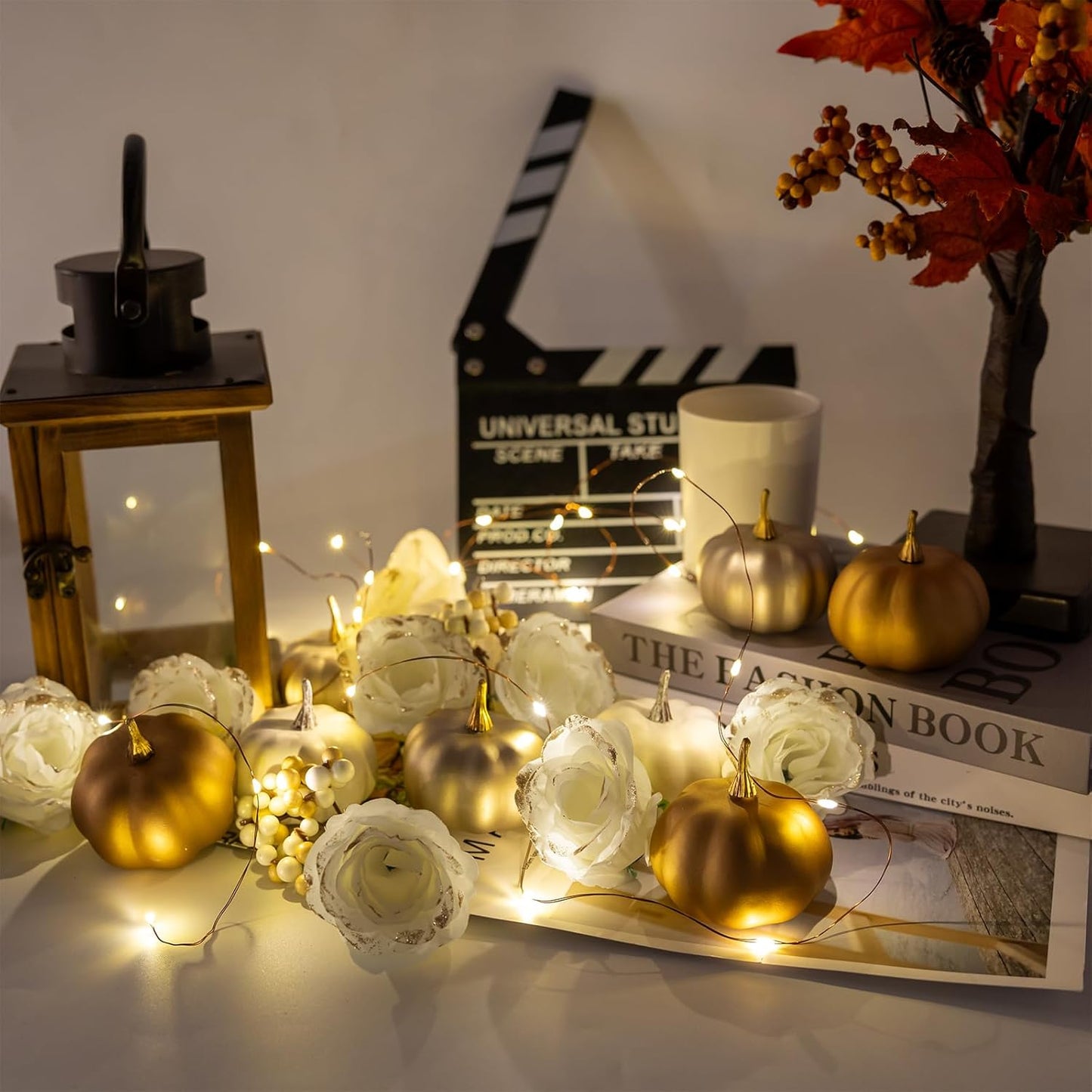 Fake Pumpkins, 21 Pcs White Artificial Pumpkins, Plastic Pumpkin Berries Rose Artificial Flowers Fall Decoration Kit for Thanksgiving Table Decoration