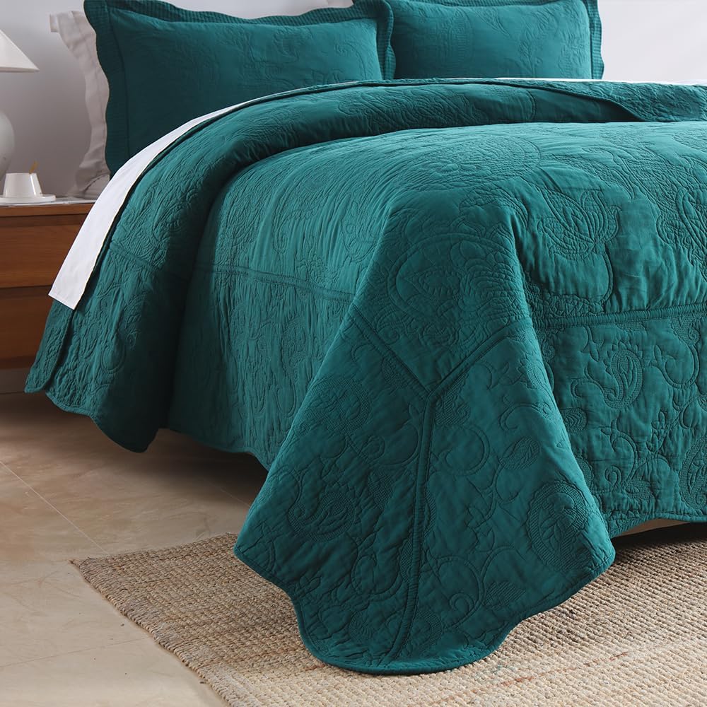 Cotton Bedspread Quilt Sets, Real Patchwork Bedding Sets with Luxury Floral Paisley Pattern, 3 Pieces Reversible Soft Lightweight Coverlet for All Season, Turquoise, King Size