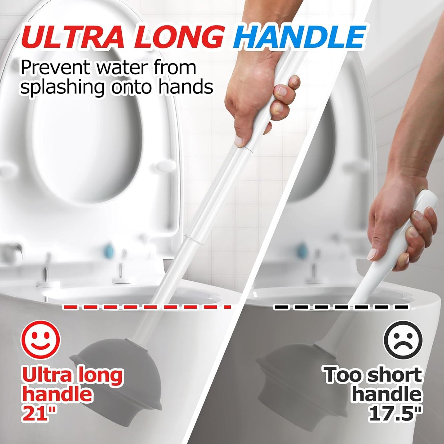 2Pack 2 in 1 Toilet Brush and Plunger Set, Extended Handle Plunger，Toilet Bowl Brush Plunger Set,Bathroom Cleaning Tools ，Toilet Brush Plunger Combo，Cleaning Brush，Cleaning Supplies(White)