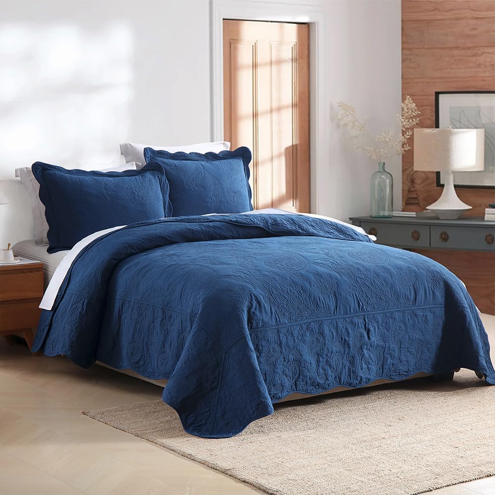 Cotton Bedspread Quilt Sets, Real Patchwork Bedding Sets with Luxury Floral Paisley Pattern, 3 Pieces Reversible Soft Lightweight Coverlet for All Season, Navy Blue, Queen Size