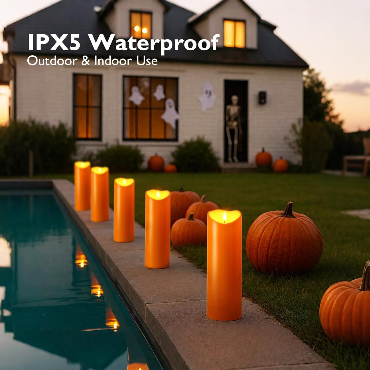 Homemory 4"x12" Halloween Orange Flameless Candles, Fall Candles, Outdoor Waterproof Flameless Candles with Remote and Timers, Battery Operated LED Pillar Candles, Won't Melt Plastic, Set of 2