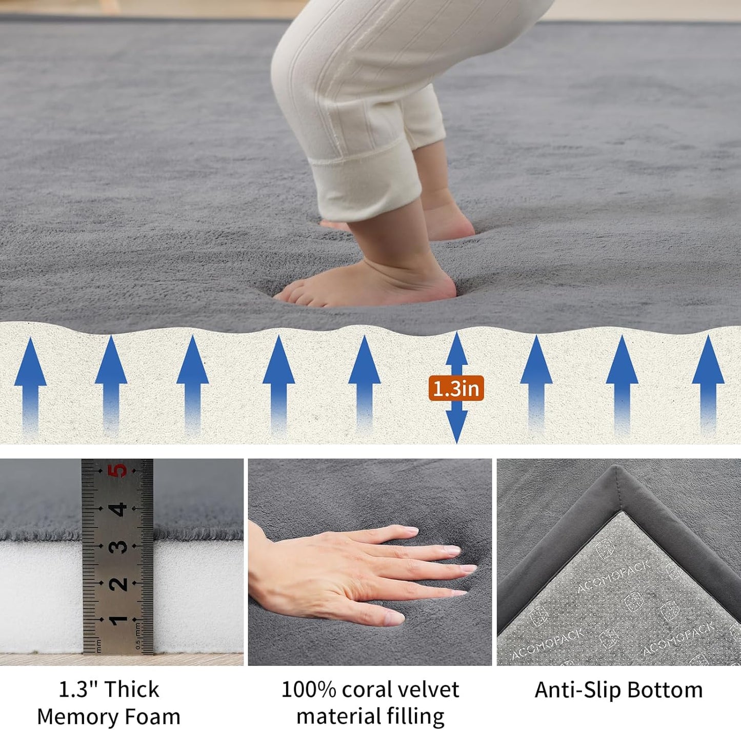 ACOMOPACK Baby Play Mat for Floor,1.3" Thick Memory Foam Area Rug for Living Room,Soft Velvet Crawling with Non-Slip Bottom for Kid,Toddler,39"×59" Tummy Time Nursery Rugs,Yoga（Dark Grey）