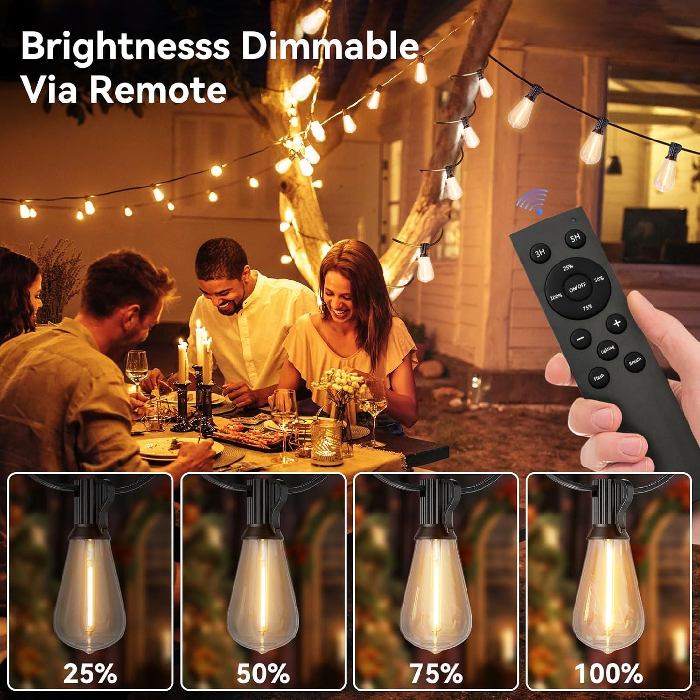 100 FT Solar String Lights Outdoor Waterproof with Remote & USB Port, Solar Power Patio Hanging Lights with Dimmer, Shatterproof LED Edison Bulb Outdoor String Lights for Outside Cafe Yard Fence