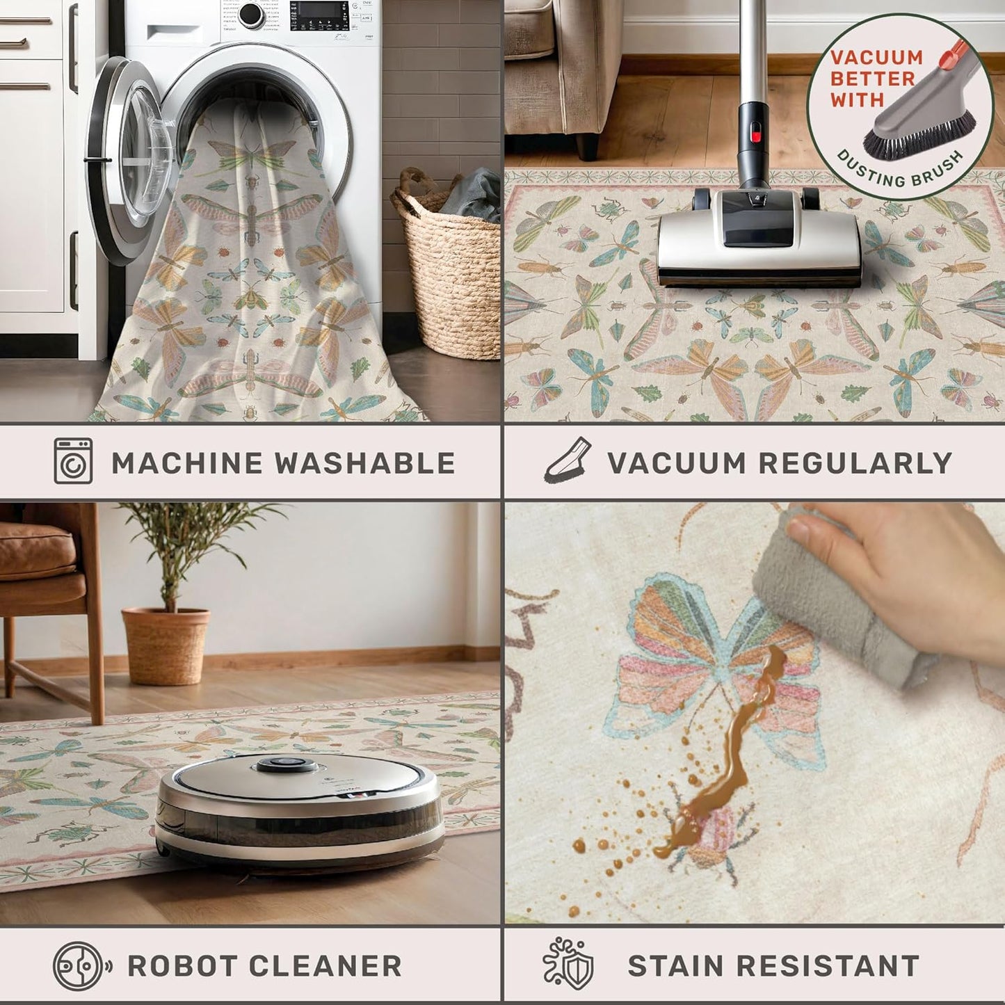 Washable 5x8 Light Pink Rug for Bedroom - Pink Boho Girl Nursery Rug, Living Room, Nature Insect Bug Print Home Decor