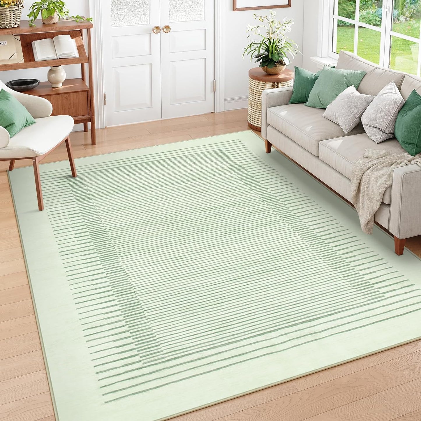Wonnitar Washable Green Striped Runner Rug for Hallway 2'6"x8', Non-Slip Soft Runner Rug for Bedroom, Low Pile Minimalist 8ft Carpet Runner for Bathroom Laundry Kitchen (Green, 2'6" x 8')