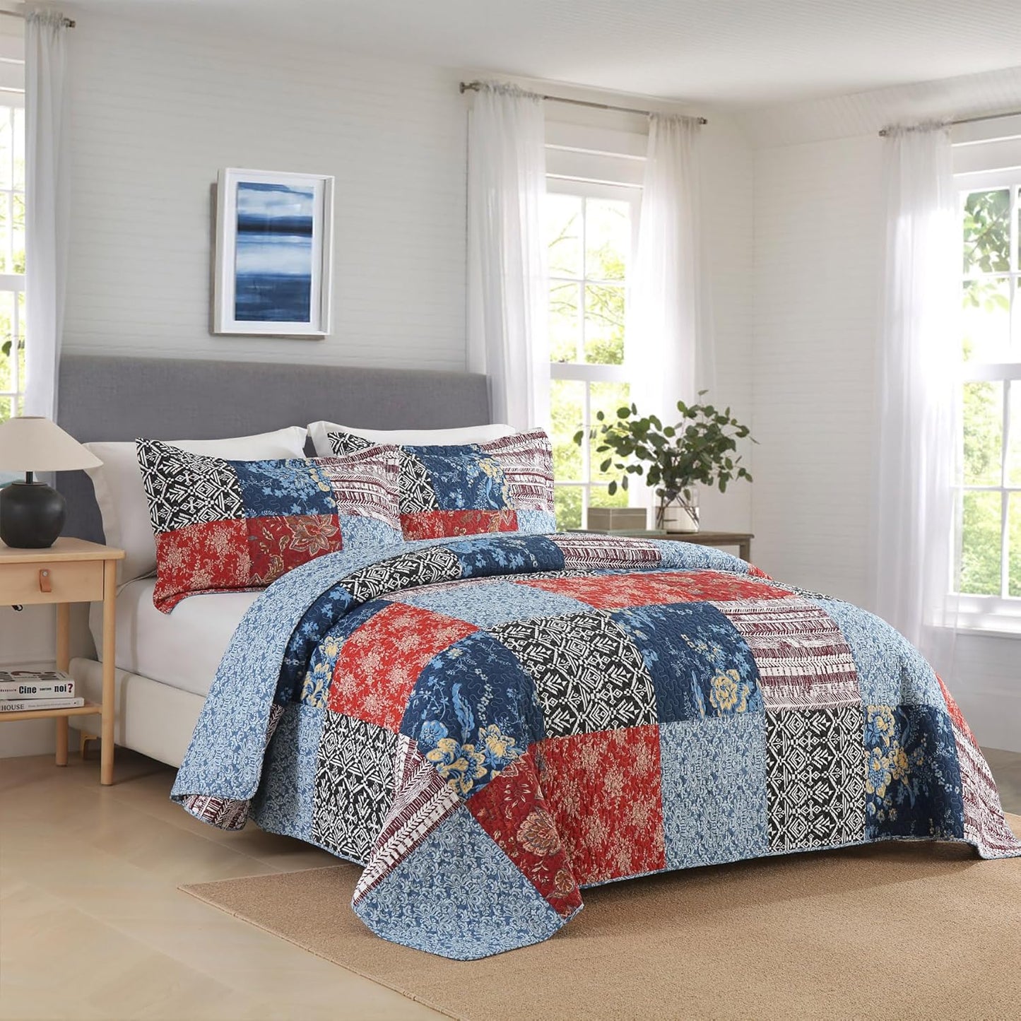 Secgo Twin Comforter Set for Bed - 100% Cotton Quilts Twin Size, Black Bedspreads (68 * 86 Inch) with 2 Pillow Shams, Patchwork Reversible Lightweight Bedding