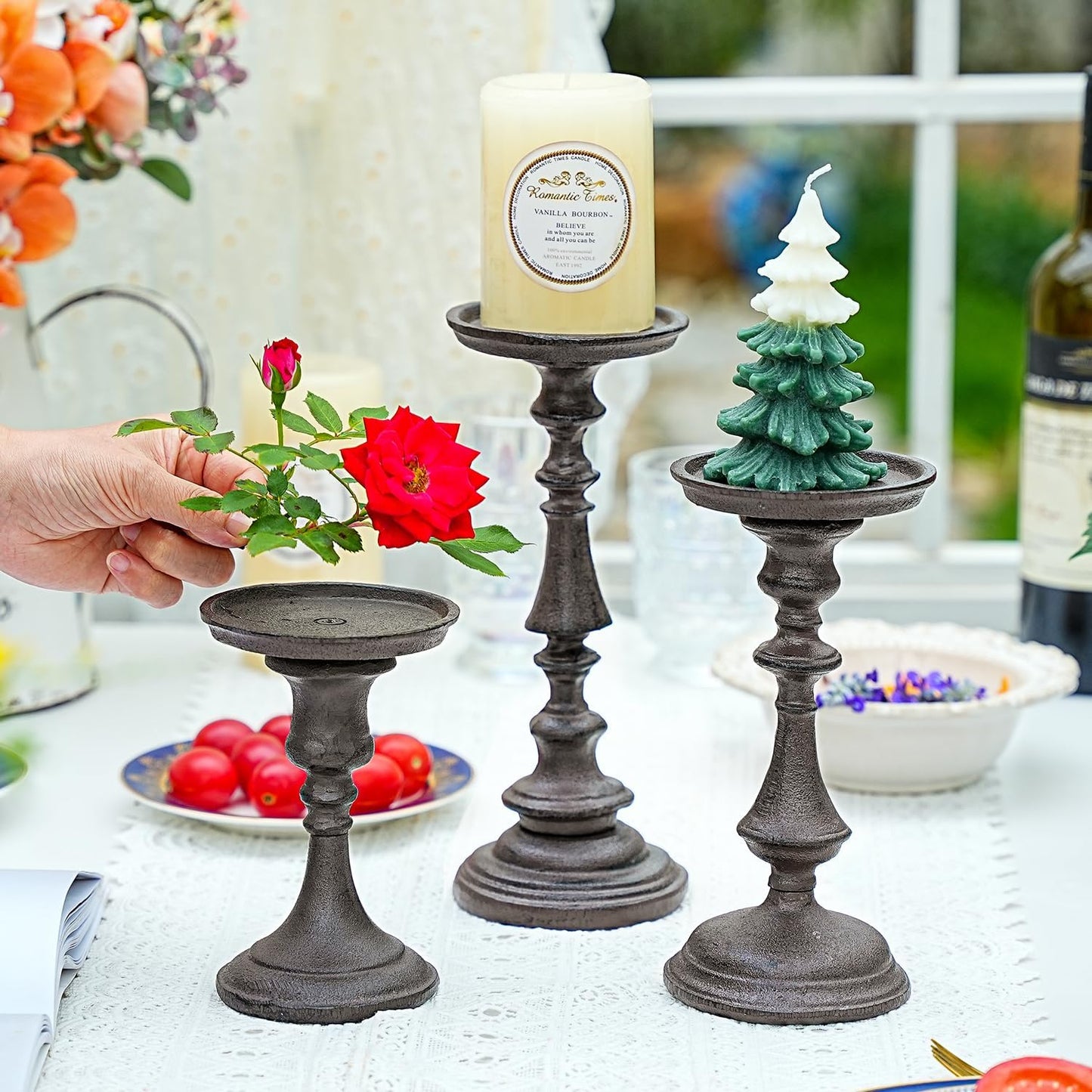 Sungmor Rustic Cast Iron Pillar Candle Holder, 5.9" Tall Vintage Candlestick Holders, Table Centerpiece Metal Candle Holder, Farmhouse Candle Stand for Fireplace Shelf Home Decor