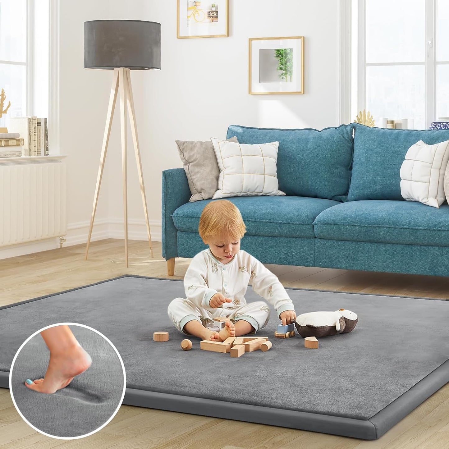 Baby Play Mat for Floor Tummy Time Mat Nursery Rug Muscle Mat Area Rug Playroom Rug Tatami Mat 6'7"x6'7" Memory Foam 1.3" Thick Crawling Mat for Babies,Toddlers, Infants, Kids,Floor Mat(Grey)