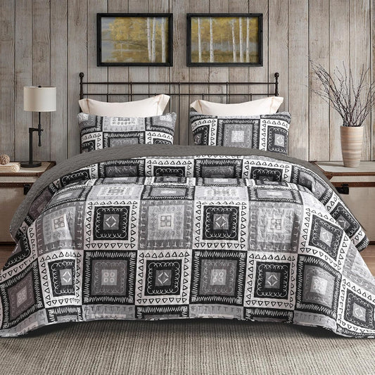Exclusivo Mezcla Reversible Boho Quilt Set Queen Size, 3 Pieces Patchwork Black All Season Bedspreads, Ultra Soft Floral Coverlet Bedding Set with Printed Pattern (1 Quilt, 2 Pillow Shams)