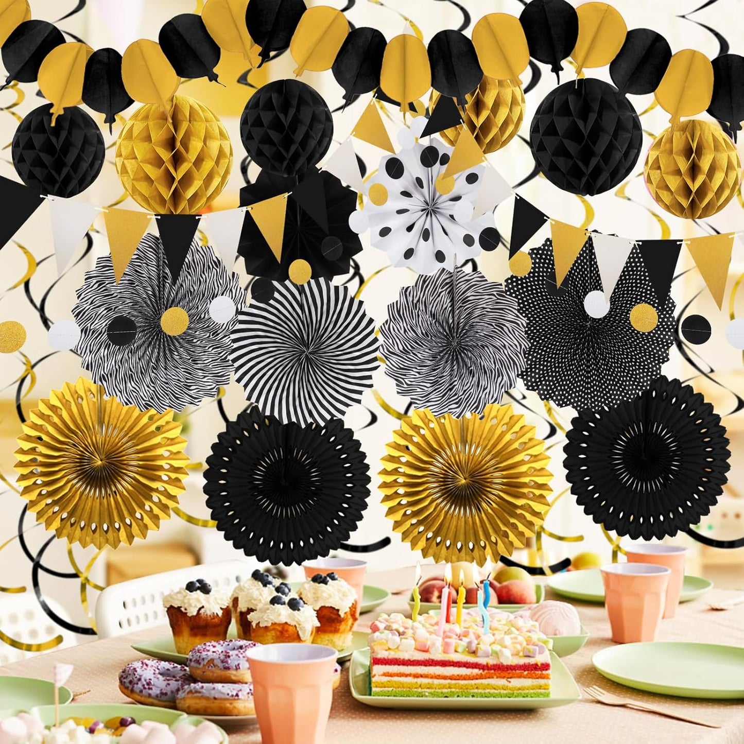 Black Gold Party Decorations, New Years Eve Party Supplies Easy Assembly Paper Fan Honeycomb Ball Garland Hanging Swirl for Graduation Congrats Grad Birthday Happy New Year Party