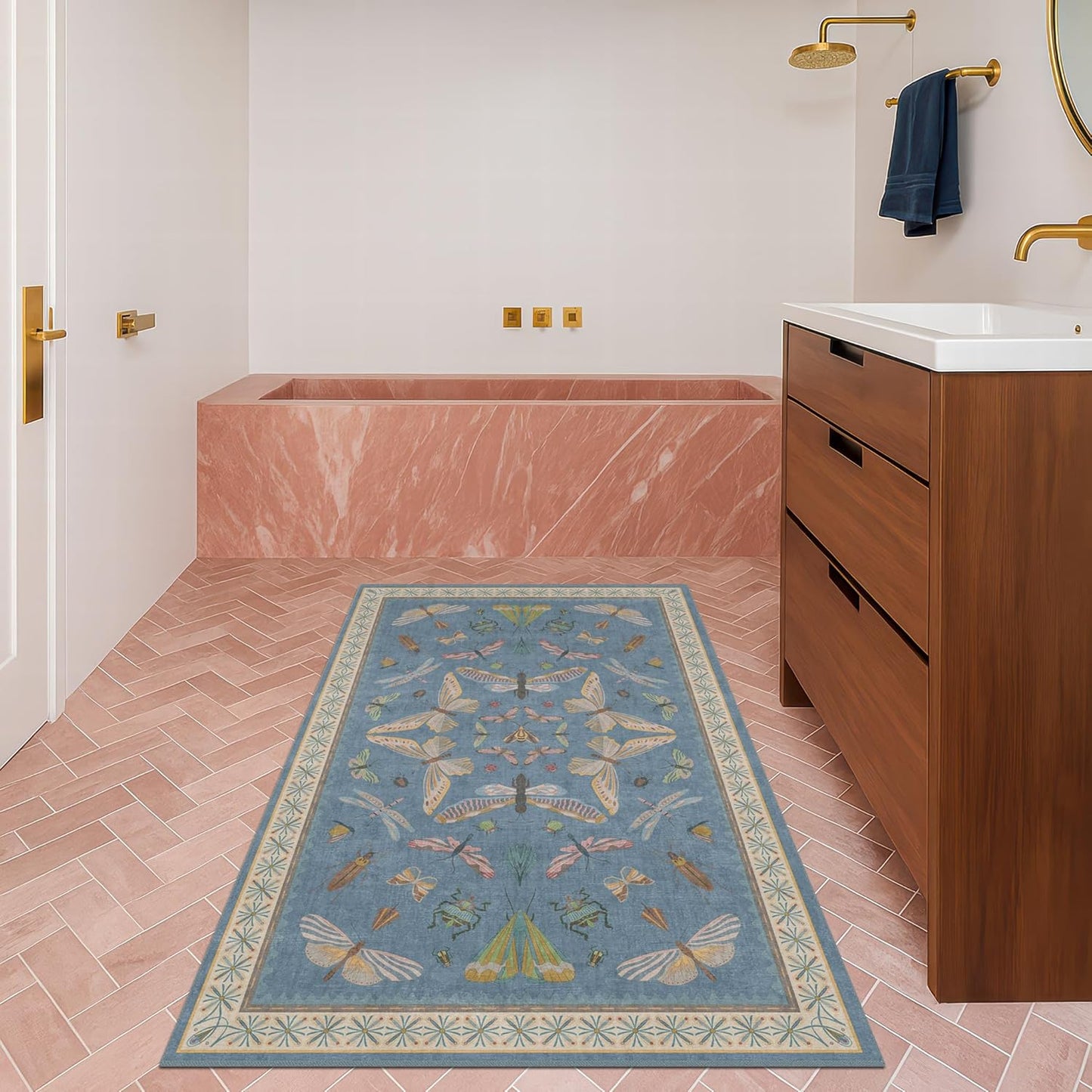 Washable Blue Rugs for Bedroom Bedside - 3x5 Laundry Room Rug for Large Kitchen, Entrance Indoor, Boho Insect Print Bug Décor, Non Slip Low Pile Fade Resistant