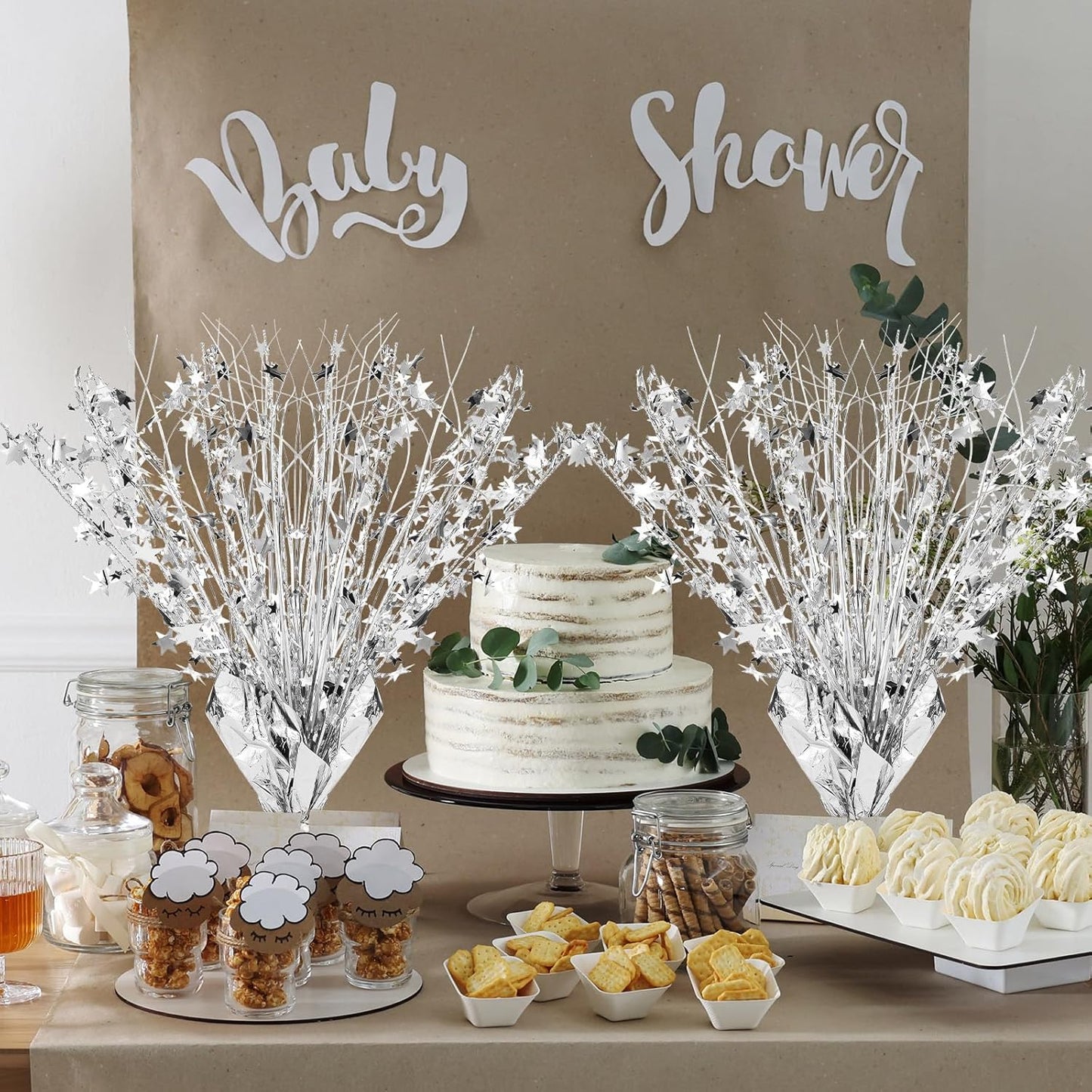 Crowye 18 Pieces Metallic Foil Spray Centerpiece Party Star Table Decoration Burst Metallic Table Centerpieces for Birthday Party Season Holiday(Silver)