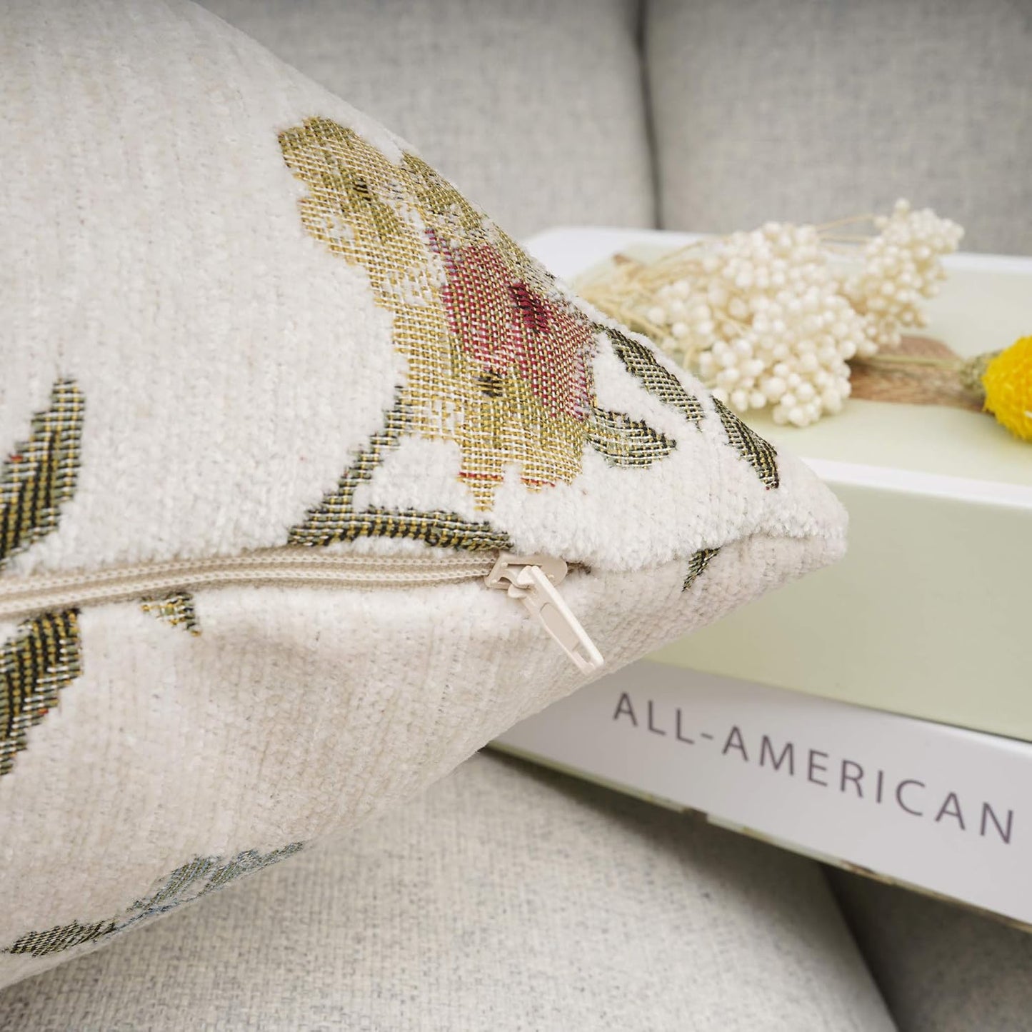 YOUR SMILE Embroidery Jacquard White Floral Leaf Pattern Square Decorative Throw Pillow Case Cushion Cover,18x18 inch