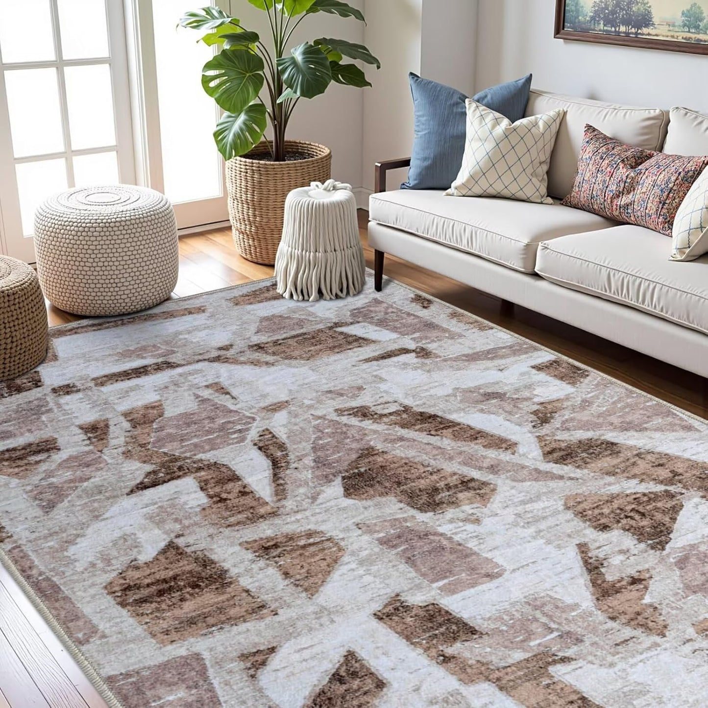 Modern Abstract 5X7 Area Rug for Living Room Bedroom Washable, with Non-Slip Rubber Backing Print Faux Wool Thin, Brown Throw Large Carpet for Kids Playroom Dining Room Pet & Child Friendly