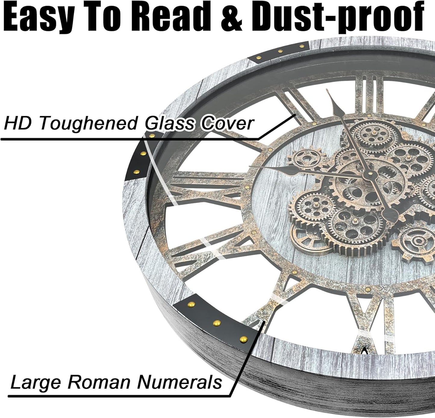 DORBOKER 30" Original Moving Gears Wall Clock, Large Industrial Wall Clock for Living Room Decor, Solid Wood Vintage Farmhouse Steampunk Rustic Clocks for Wall Decor,Silver Grey