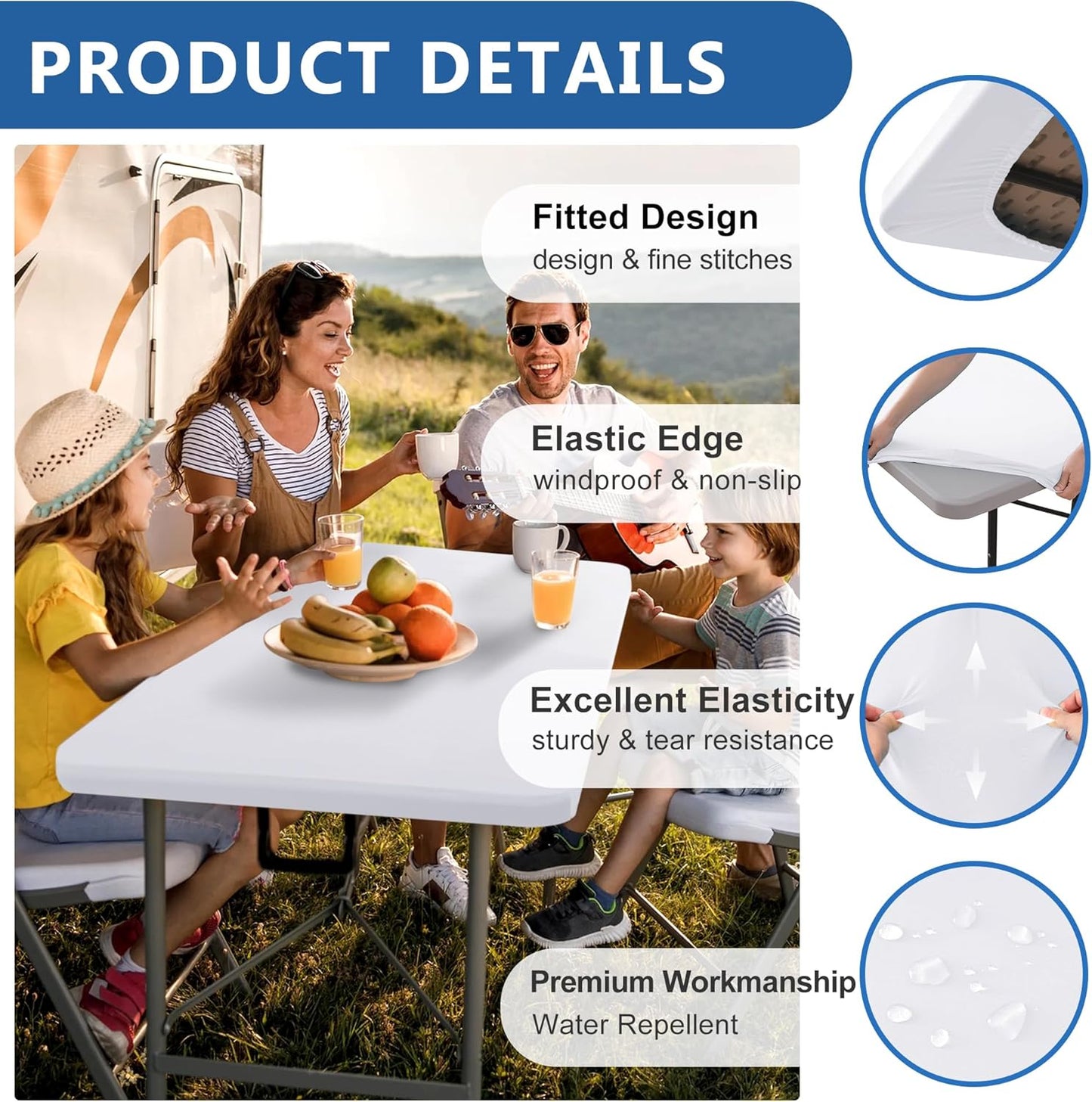 Fitted Tablecloth for 6 Foot Rectangle Tables-6 Pack White Elastic Outdoor Picnic Table Cover-Spandex Stretch Folding Table Cloths 6 ft for Camping Dining Room Patio Kitchen Banquet Party