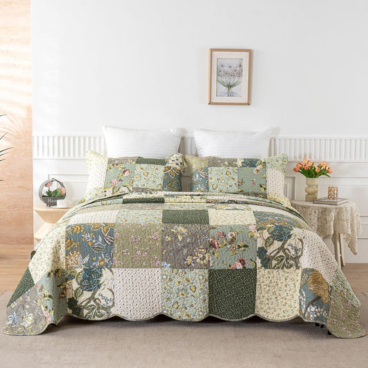 YAYIDAY Quilt King Size Patchwork Bedspread Set - 100% Cotton Reversible Breathable Floral Quilted Quilt with Pillow Shams Fit All Season