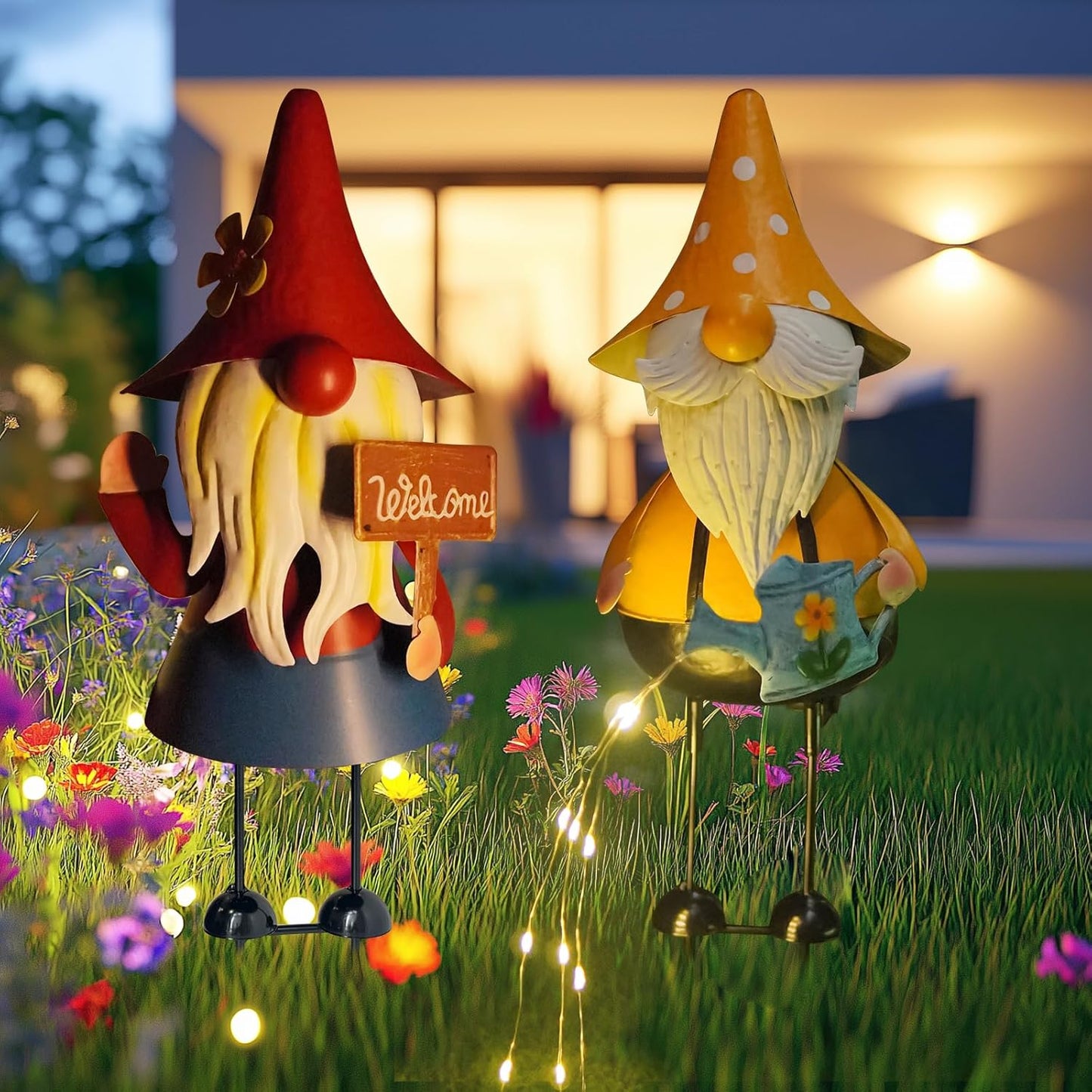 HONGLAND Metal Gnome Yard Art -18 Inch Garden Gnomes Statues Outdoor Decor with Watering Can Solar Lights -3D Outdoor Figurines for Patio Yard Lawn Porch Ornament Gardening Gifts