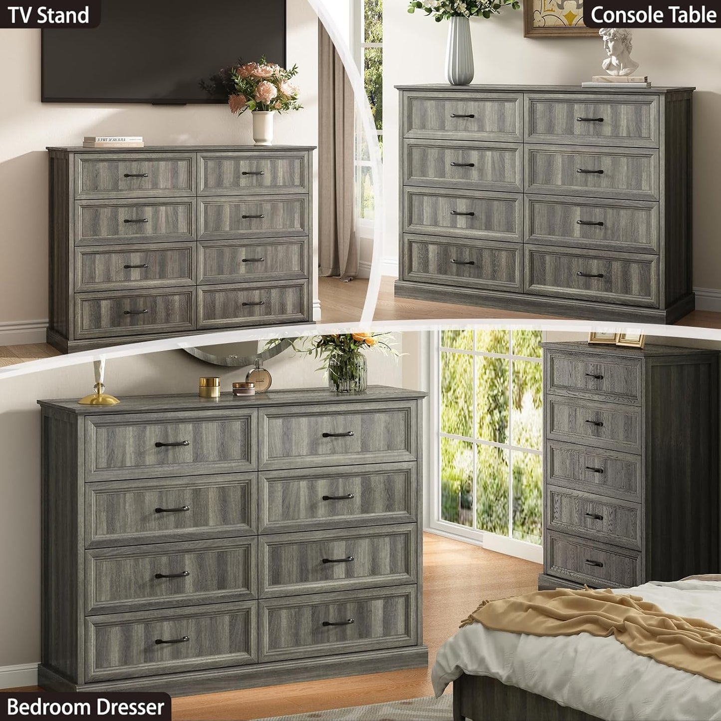 CARPETNAL Farmhouse 8 Drawer Dresser for Bedroom, 55 Inch Wide Modern Grey Dresser TV Stand with Large Drawers & Bar Handles, Rustic Wood Chest of Drawers for Bedroom, Living Room, Hallway, Entryway.