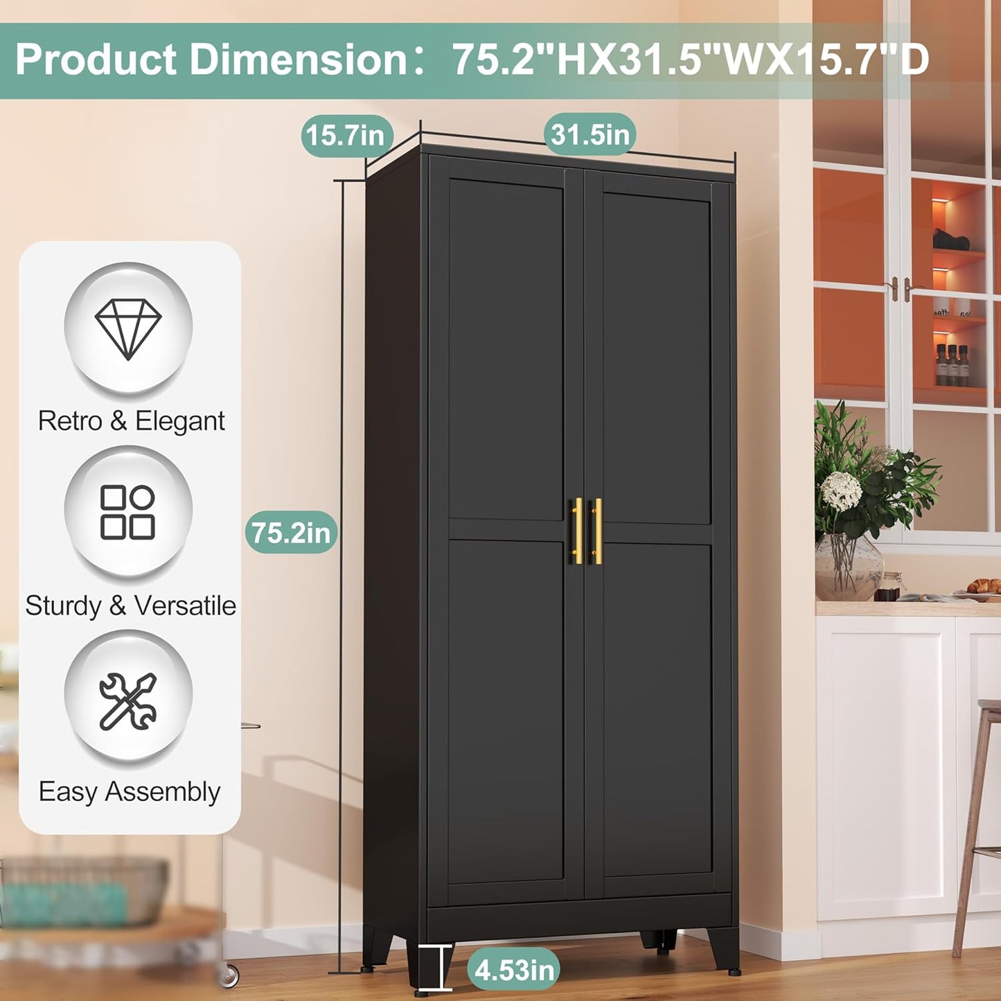 Metal Pantry Cabinet with 2 Doors and 5 Adjustable Shelves, 75" Kitchen Storage cabinets with Gold Handles, Versatile Storage for Laundry Room, Living Room, Bathroom, Dinning Room, Utility Room-Black