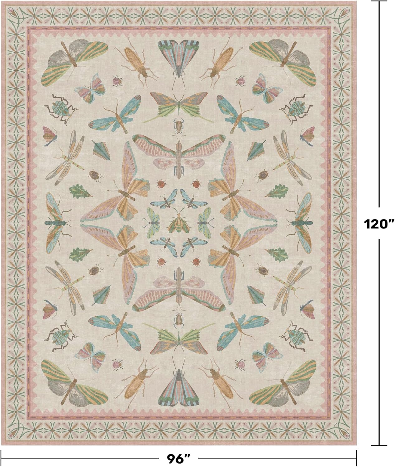 Cute Rugs for Bedroom Girls - Pink Living Room Rugs 8X10, Dining Room Table, Washable Pastel Flower Insect Print Whimsical Décor