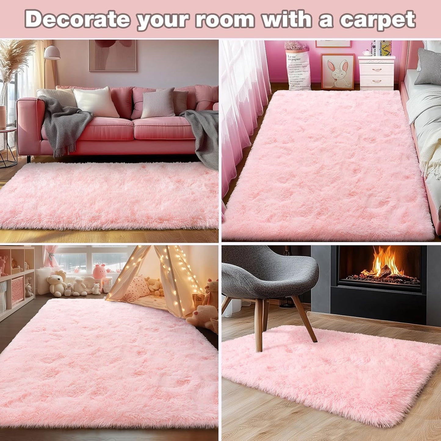 Rezutan Extra Large Fluffy Area Rug for Bedroom Living Room, 9x12 Feet Pink Modern Indoor Carpets Room Colorful Rugs, Plush Indoor Nursery Classroom Home Decor Bedside Rug with Non-Slip Bottom