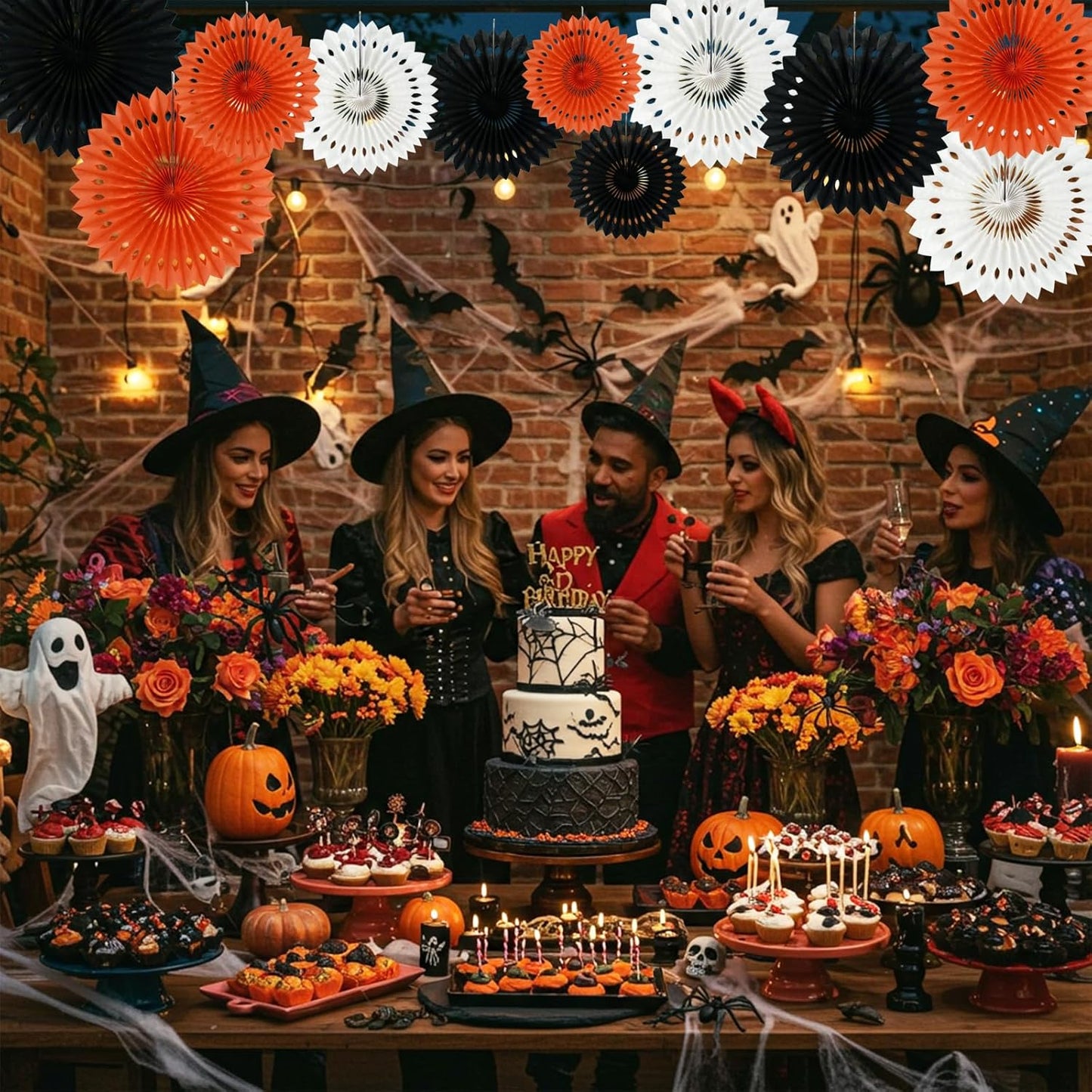 BEISHIDA Black Orange White Hanging Honeycomb Round Paper Fans Decoration Set for New Year Baby Shower Halloween Birthday Wedding Photo Booth Backdrops Anniversary Paper Party Supplies 11packs