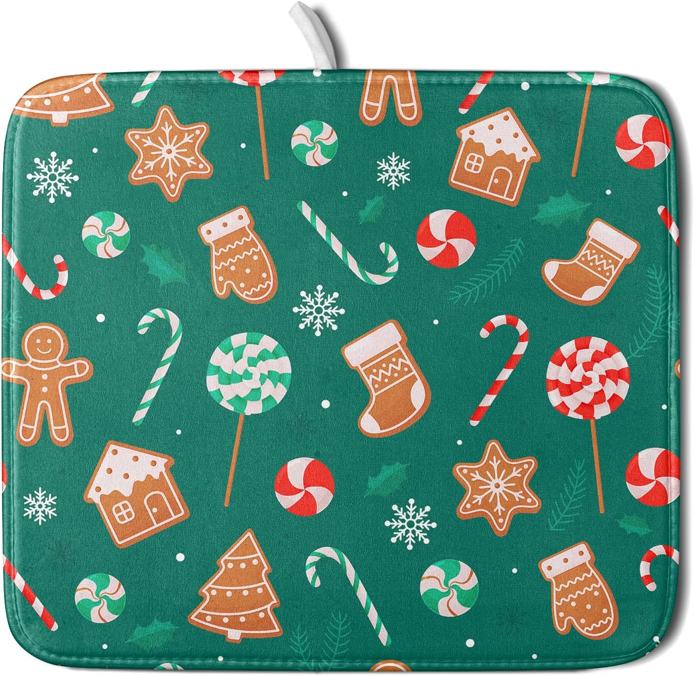 Gingerbread Dish Drying Mat for Kitchen Counter Holiday Green Super Absorbent Reversible Microfiber Kitchen Countertop Protector Dishes Pad Small 16x18 inch