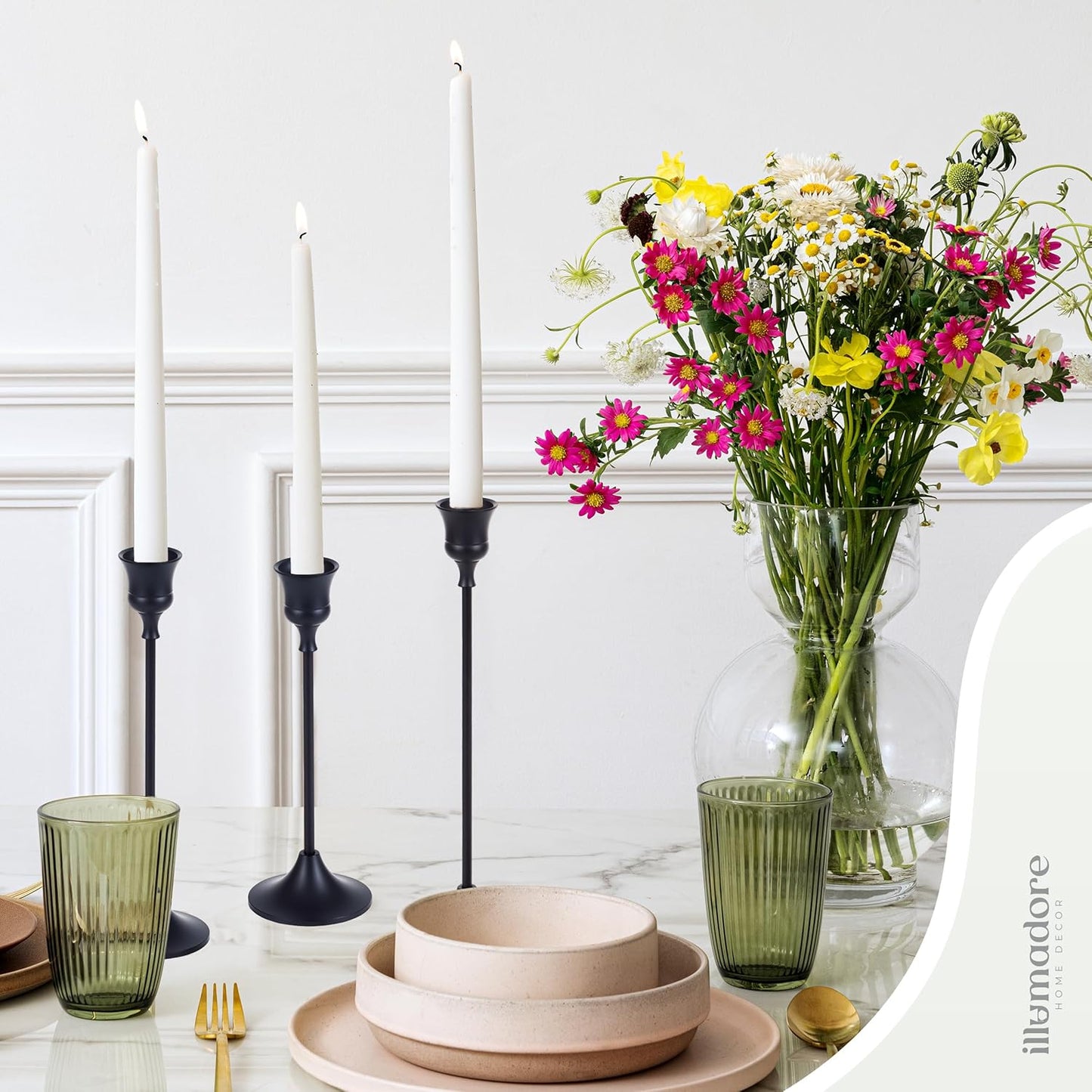 Black Candlestick Holders | Set of 3 | Metal with Matte Finish | 3 Different Sizes | Taper Candles Included | Decorative Centerpiece for Wedding, Christmas, Fireplace Mantel, Dining Table