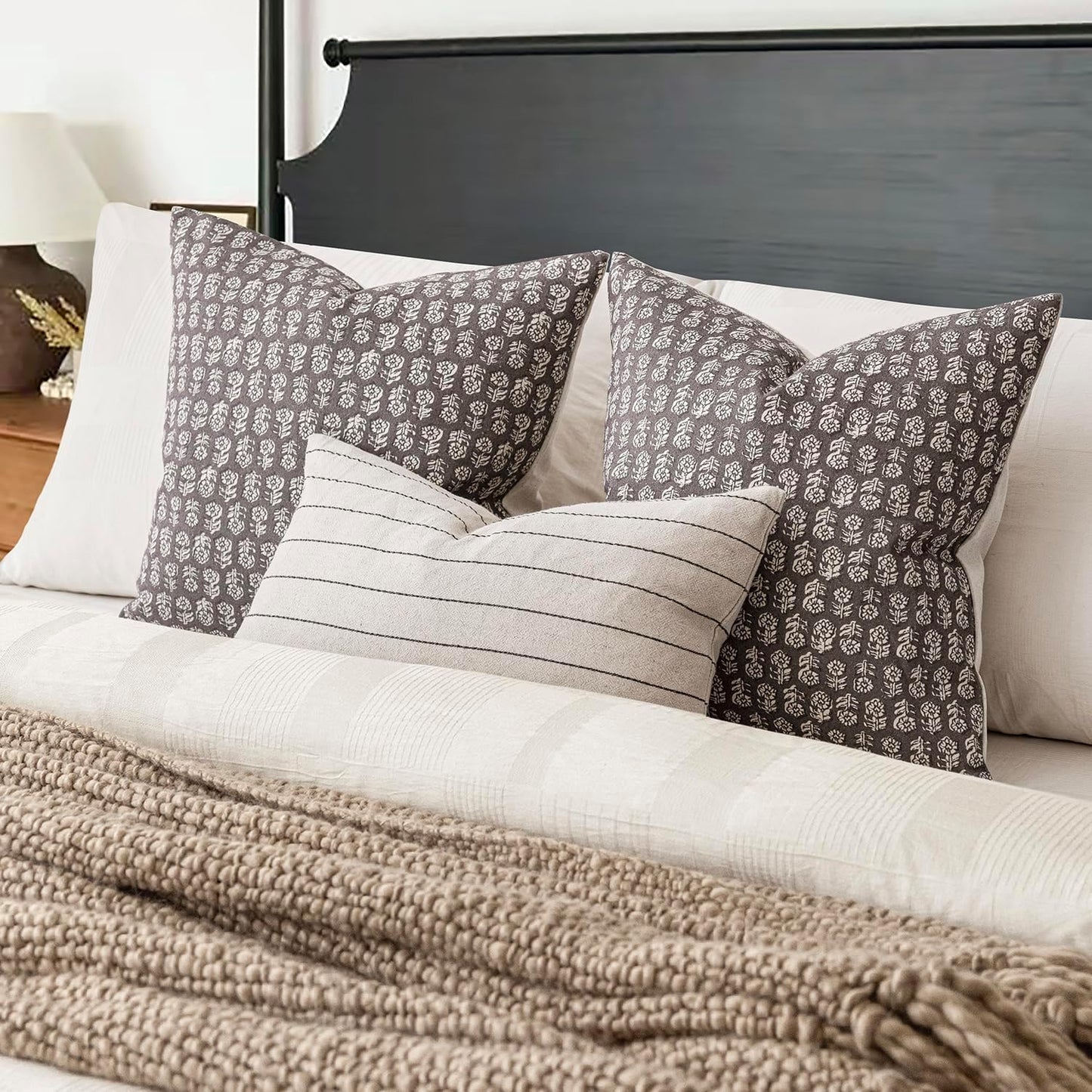 Foindtower Set of 2 Decorative Neutral Floral Print Throw Pillow Covers Vintage Accent Farmhouse Cushion Covers Boho Home Decor for Sofa Couch Chair Bedroom Living Room Outdoor,20×20 Inch,Rustic Gray