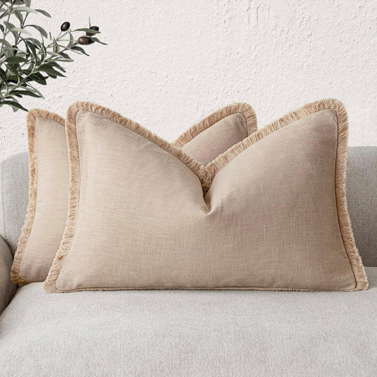 Foindtower Set of 2 Decorative Linen Fringe Throw Pillow Covers Boho Farmhouse Cushion Cover with Tassels Accent Pillowcase for Couch Chair Sofa Bed Living Room Home Bedroom Decor,12×24 Inch,Tan Beige