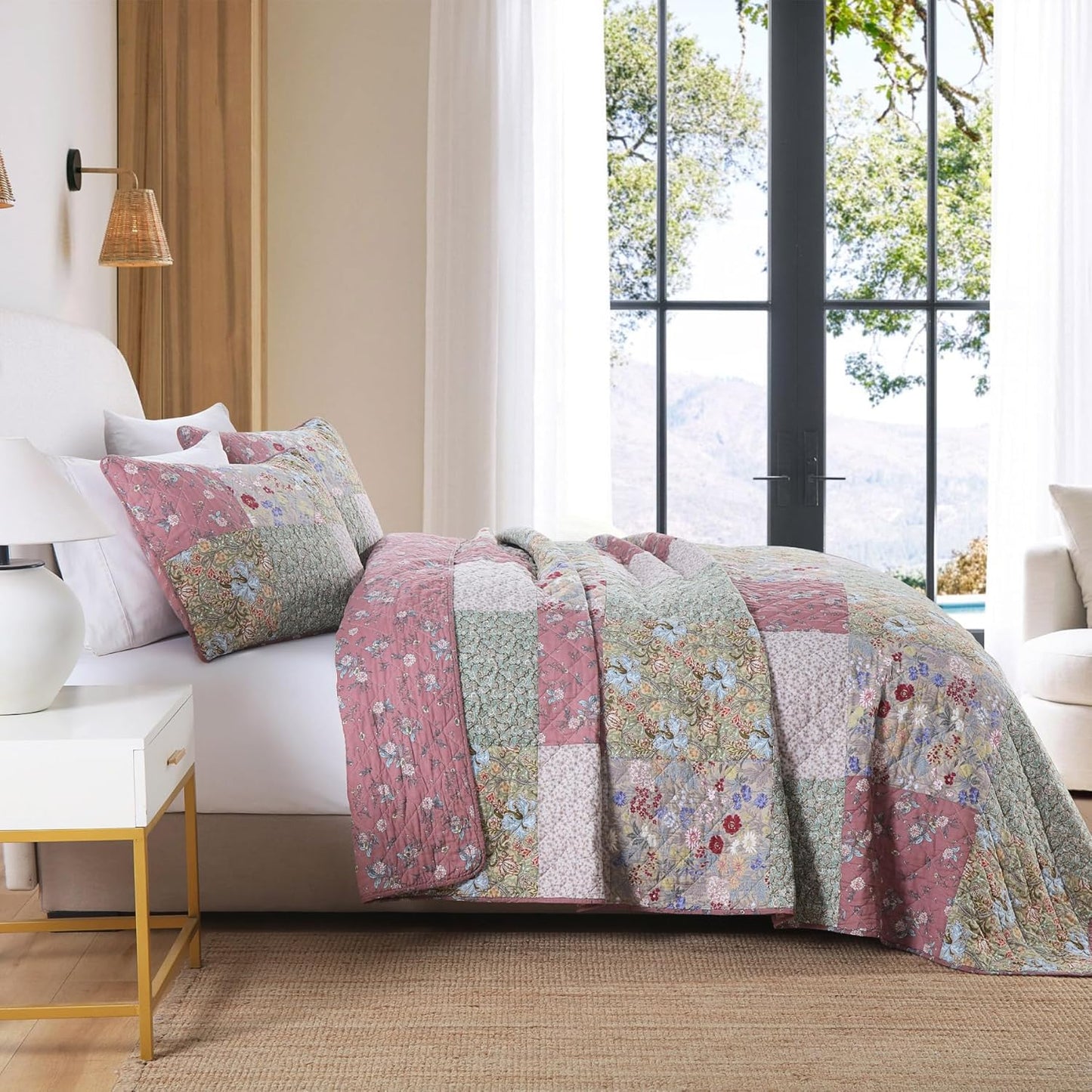 Secgo King Size Comforter Set- 100% Cotton Quilt King Size Set, Green, Sage bedspreads (96 * 108 Inch) with 2 Pillow Shams, Patchwork Reversible Lightweight Bedding