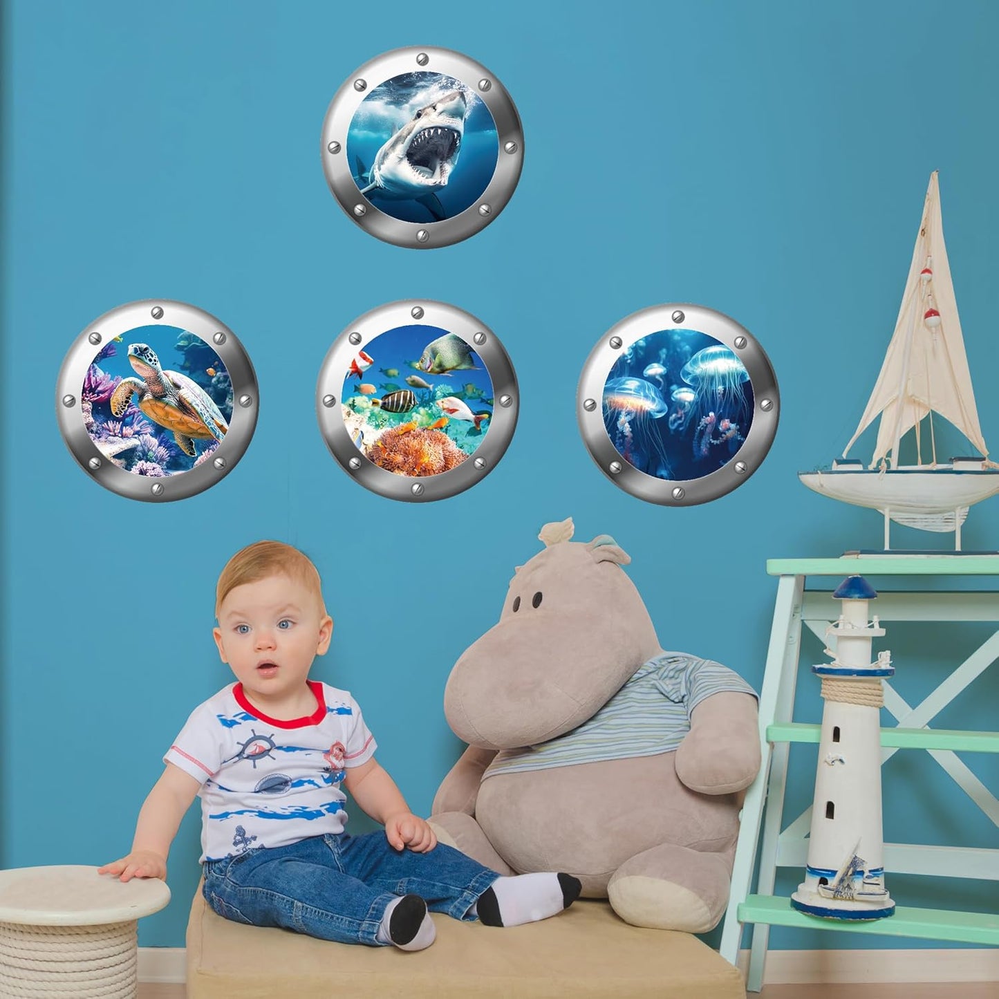 3D Ocean Animals World Wall Stickers Glow in The Dark, 4 Pcs Sharks Turtles Jellyfishs Removable Decals for Kids, Vinyl Stickers for Ceiling (Blue)