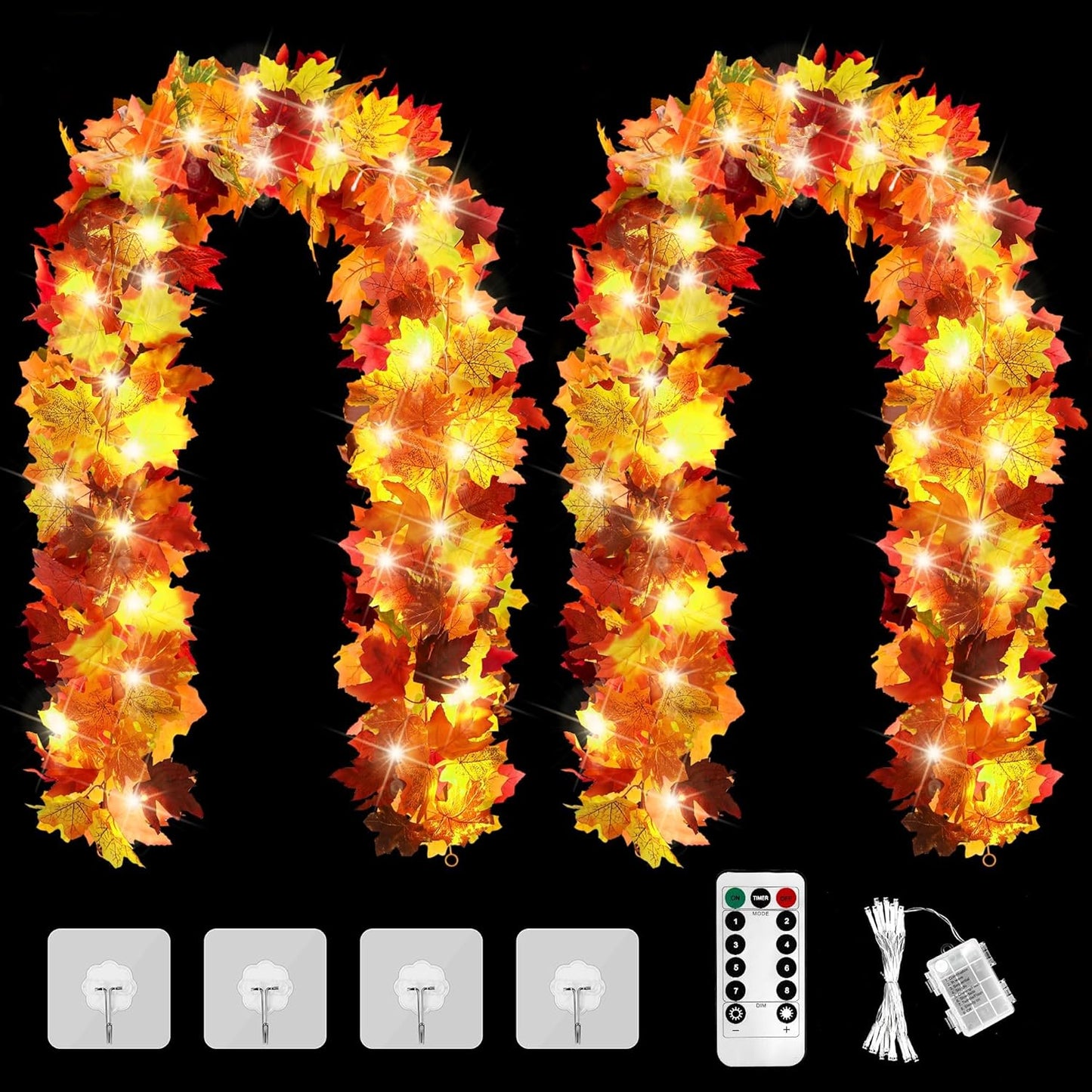 Aneco 2 Pack 5.74 Feet Each Maple Leaves Garlands with 8 Lighting Modes LED String Lights Artificial Maple Leaf Fall Decorations for Home Indoor Outdoor Thanksgiving Halloween Decor, Total 11.5 Feet
