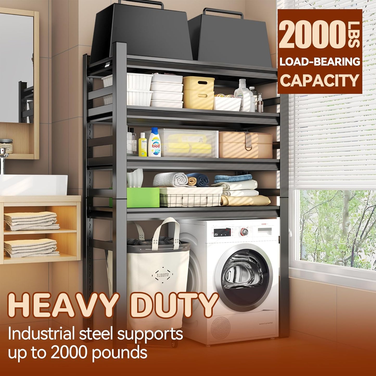 Laundry Shelf,5 Tier Over Washer and Dryer Storage Shelves,Adjustable Easy to Install,Space Saver Laundry Shelf Organizer,Utility Shelves for Balcony,Black,72”H*15.7”D*35.4“W