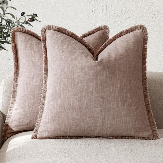 Foindtower Set of 2 Decorative Linen Fringe Throw Pillow Covers Cozy Boho Farmhouse Cushion Cover with Tassels Accent Pillowcase for Couch Sofa Bed Living Room Home Decor,26×26 Inch,Dusty Pink