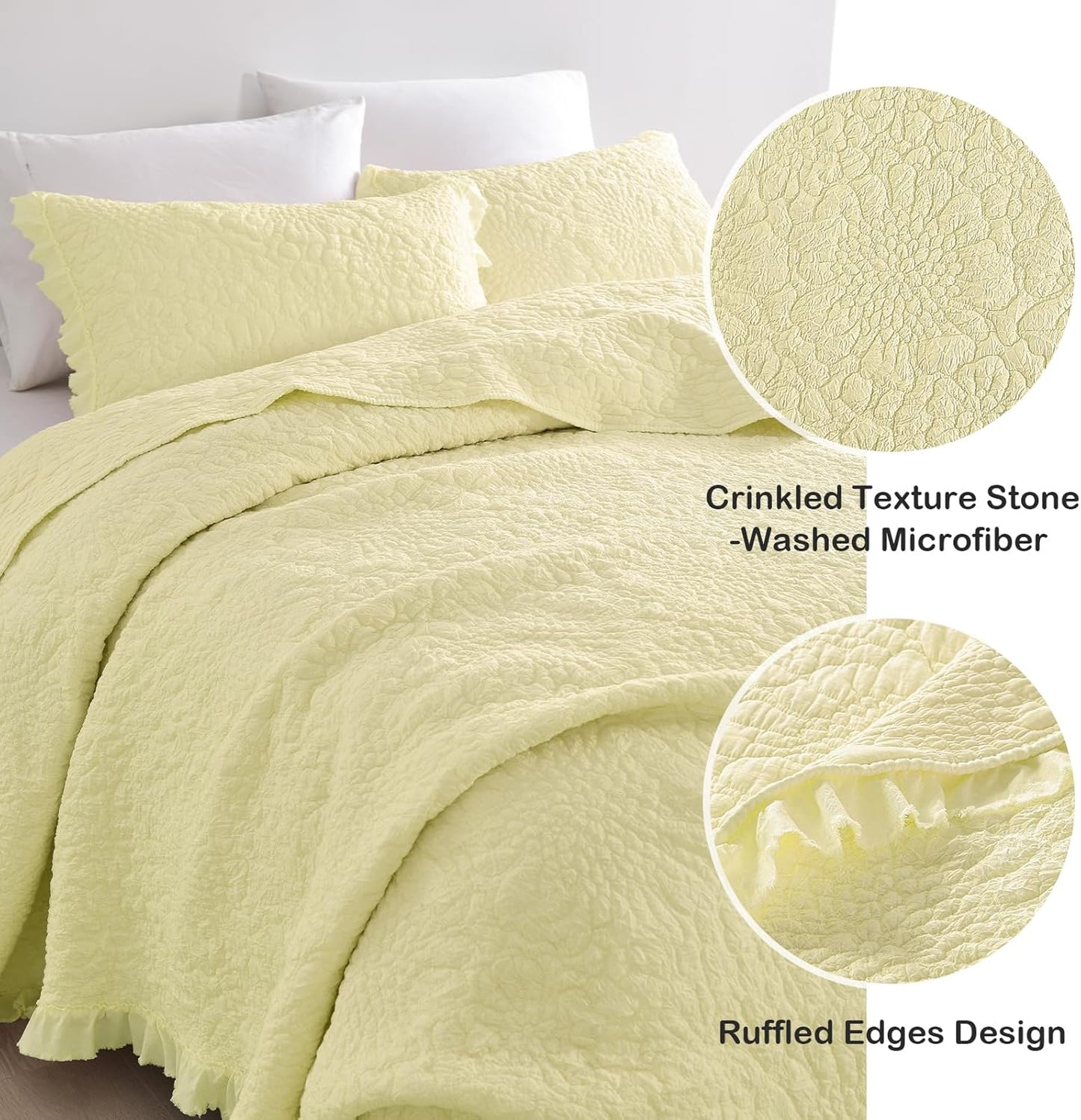 Light Yellow Ruffled Quilt Queen Size, Stone-Washed Microfiber Lightweight Crinkled Farmhouse Rustic Shabby Chic Bedding Set, 3 Pieces Reversible Bedspread Coverlet with Pillow Shams for All Season
