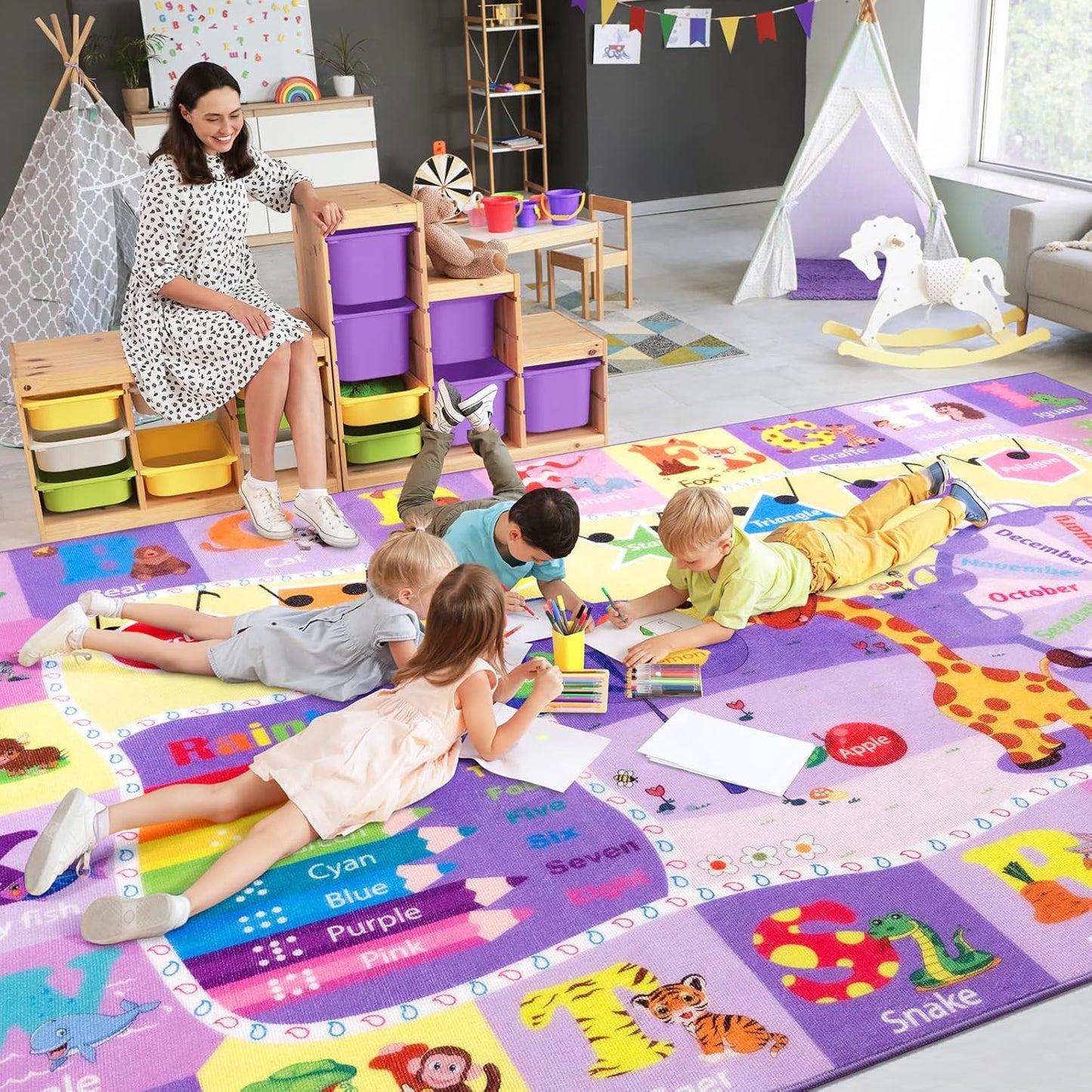 Kids Rugs for Playroom Bedroom Classroom Nursery, Non-Slip and Washable Rugs for Children Toddlers Girls, Educational and Fun Rug Carpets with ABC Alphabet Animals Shapes, 5x7, Purple