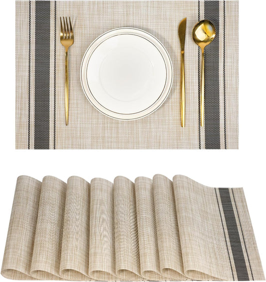 Placemats Set of 8，Non-Slip PVC Weave Table Mats Easy to Clean，Heat Resistant Place Mats for Kitchen Dining Table Decoration Indoor Outdoor，Khaki Gray