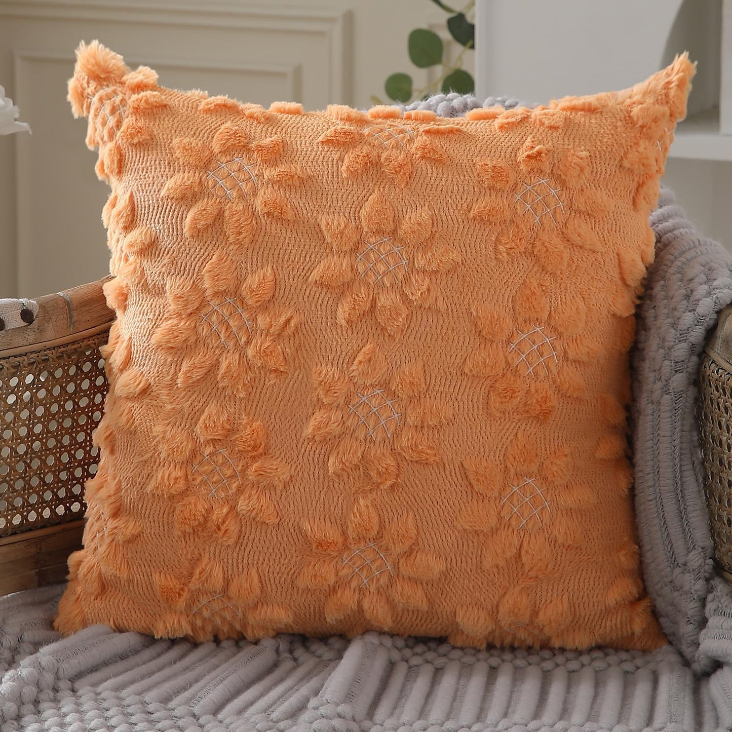 DFXSZ Spring Summer Pillow Covers 18x18 inch Set of 2 Farmhouse Decor White Flower Heart Sunflower Orange Soft Plush Faux Fur Jacquard Throw Pillows for Sofa Holiday Spring Home Decor PTK024H18