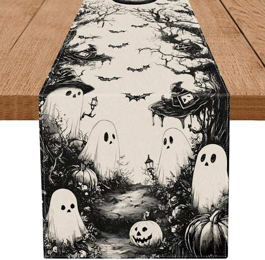 GPGHE Halloween Table Runner Black Ghost Holiday Burlap Table Decoration Indoor Outdoor Home Decor Party Supply 13 x 120 Inch