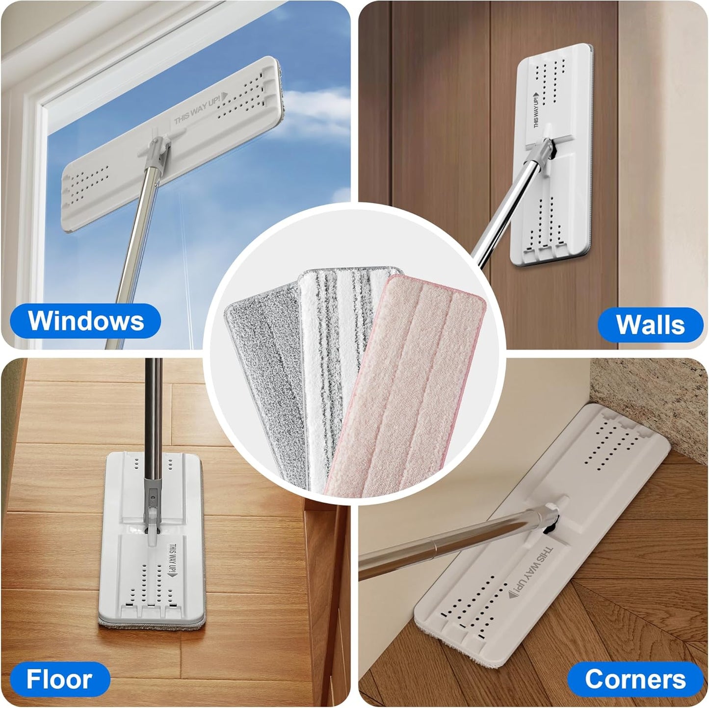 JOYMOOP Mop Replacement Pads, Reusable Microfiber Mop Pads for 13-inch Flat Mop and Mop Bucket Set, Pack of 6 Refills - Pink, Grey and Stripe