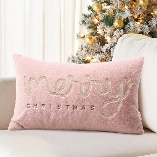 Faux Fur Merry Christmas Pillow Covers 18x18,Gold Embroidered Throw Pillow Covers Christmas Decorations Holiday Pillows for Home Couch,Pink Blush/Gold