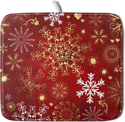 Red Snowflake Dish Drying Mat for Kitchen Counter Holiday Super Absorbent Reversible Microfiber Kitchen Countertop Protector Dishes Pad Small 16x18 inch