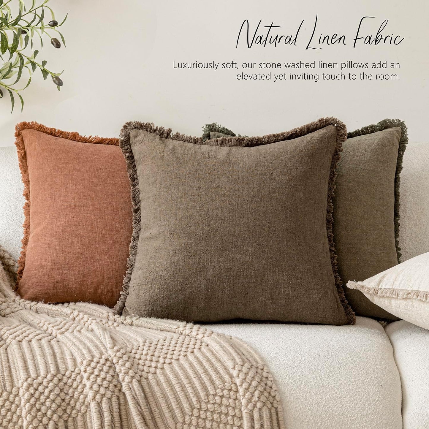 Foindtower Set of 2 Decorative Linen Fringe Throw Pillow Covers Cozy Boho Farmhouse Cushion Cover with Tassels Soft Accent Pillowcase for Couch Sofa Bed Living Room Home Decor,18×18 Inch,Light Brown