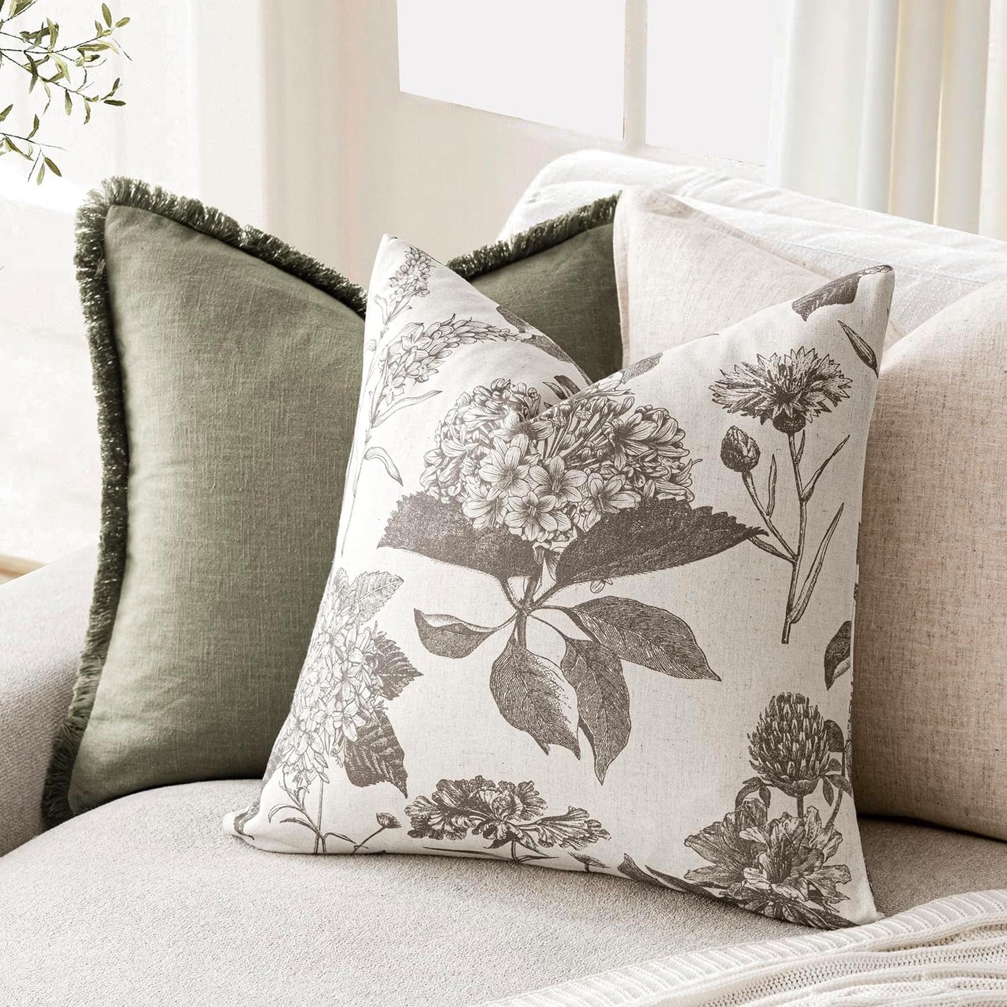 Foindtower Set of 2 Linen Floral Throw Pillow Covers Vintage Accent Print Decorative Cushion Covers Farmhouse Boho Home Decor for Sofa Chair Couch Bedroom Living Room Outdoor,22×22 Inch,Light Gray